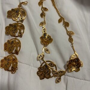 Gold Floral Necklace and Bracelet Set with Multicolor Accents